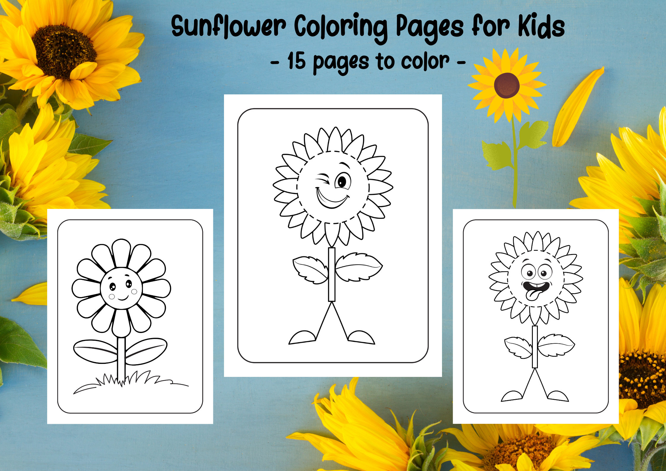 Sunflower coloring pages for kids boys and girls printable pages pretty sunflowers digital coloring book