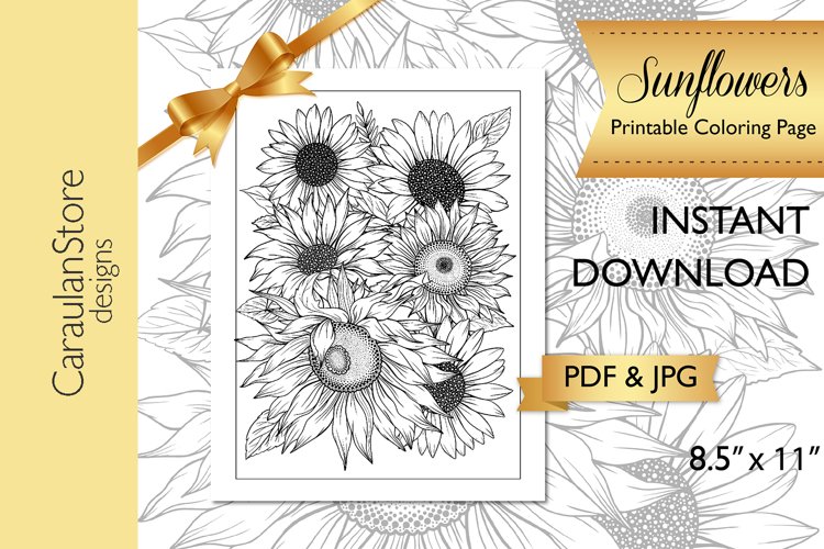 Floral coloring book page sunflower coloring page jpg pdf