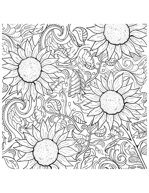 Premium vector beautiful black and white hand drawing sunflower coloring pages and coloring book for kids and adult