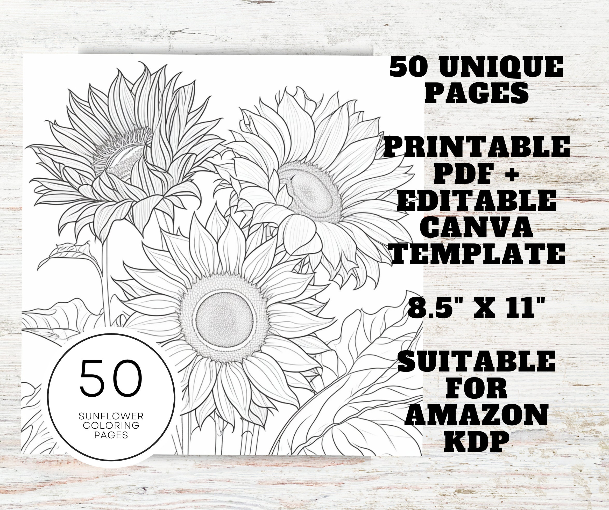 Kdp interior sunflower coloring pages for adults x printable pdf canva template mercial use floral coloring sheets