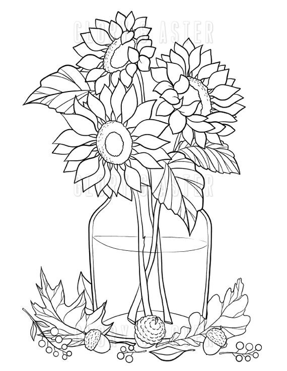 Sunflowers coloring page coloring sheets autumn coloring page instant download floral coloring adult coloring book