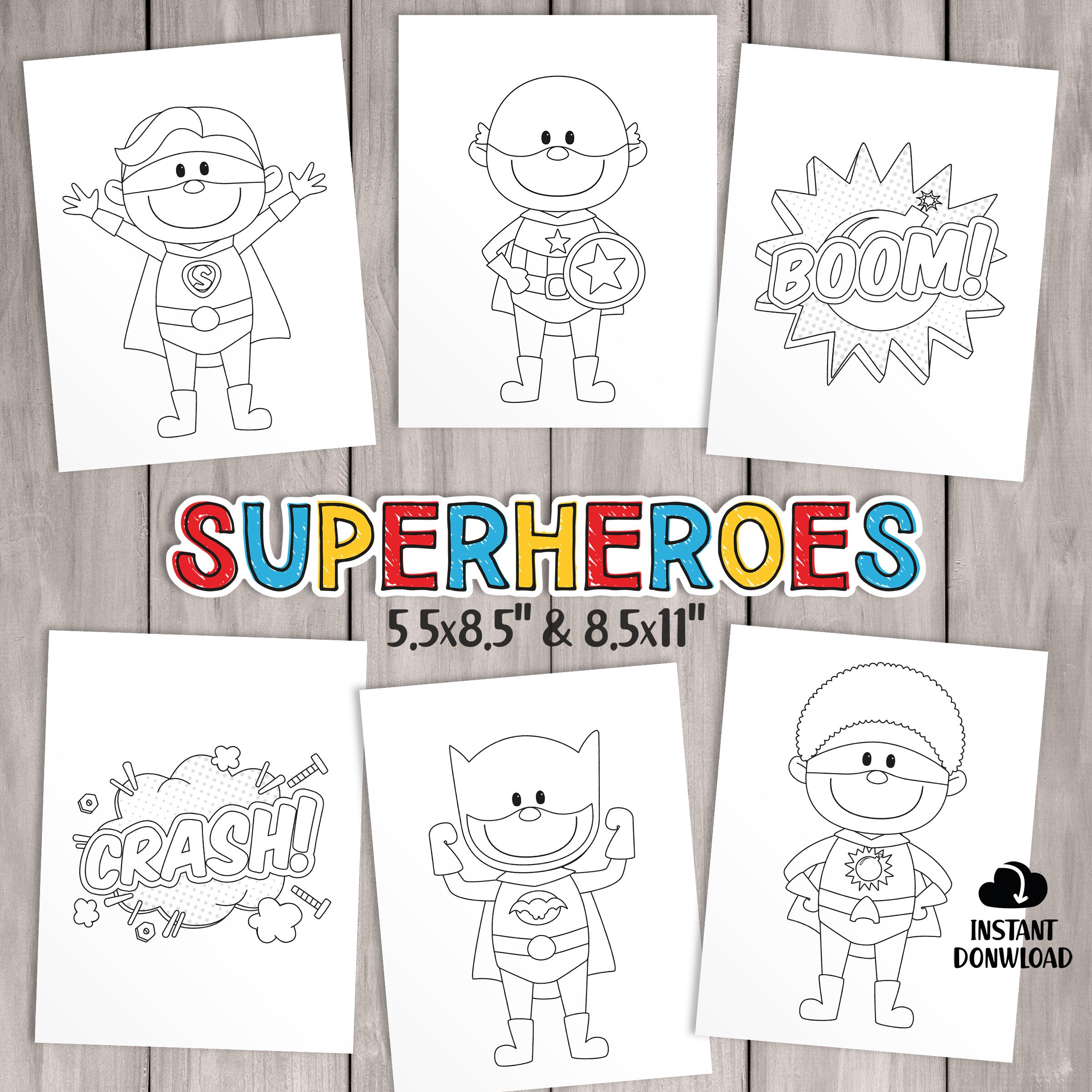 Printable superhero coloring pages kids party games birthday favor coloring sheet baby shower activities school class teacher games download now