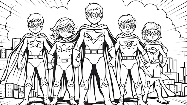 Premium photo superheroes kids coloring page vector blank printable design for children to fill in