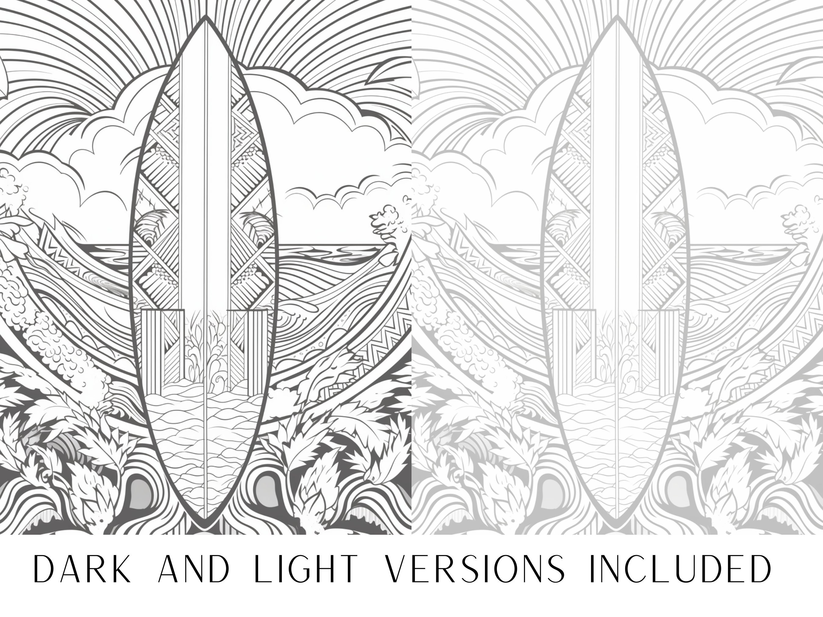 Patterned surfboard coloring pages adults and kids coloring book digital coloring sheets instant download printable pdf file download now