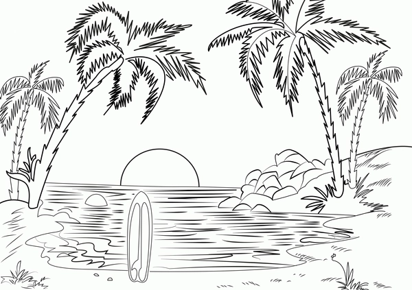 Ðï beach with palm trees surfboard