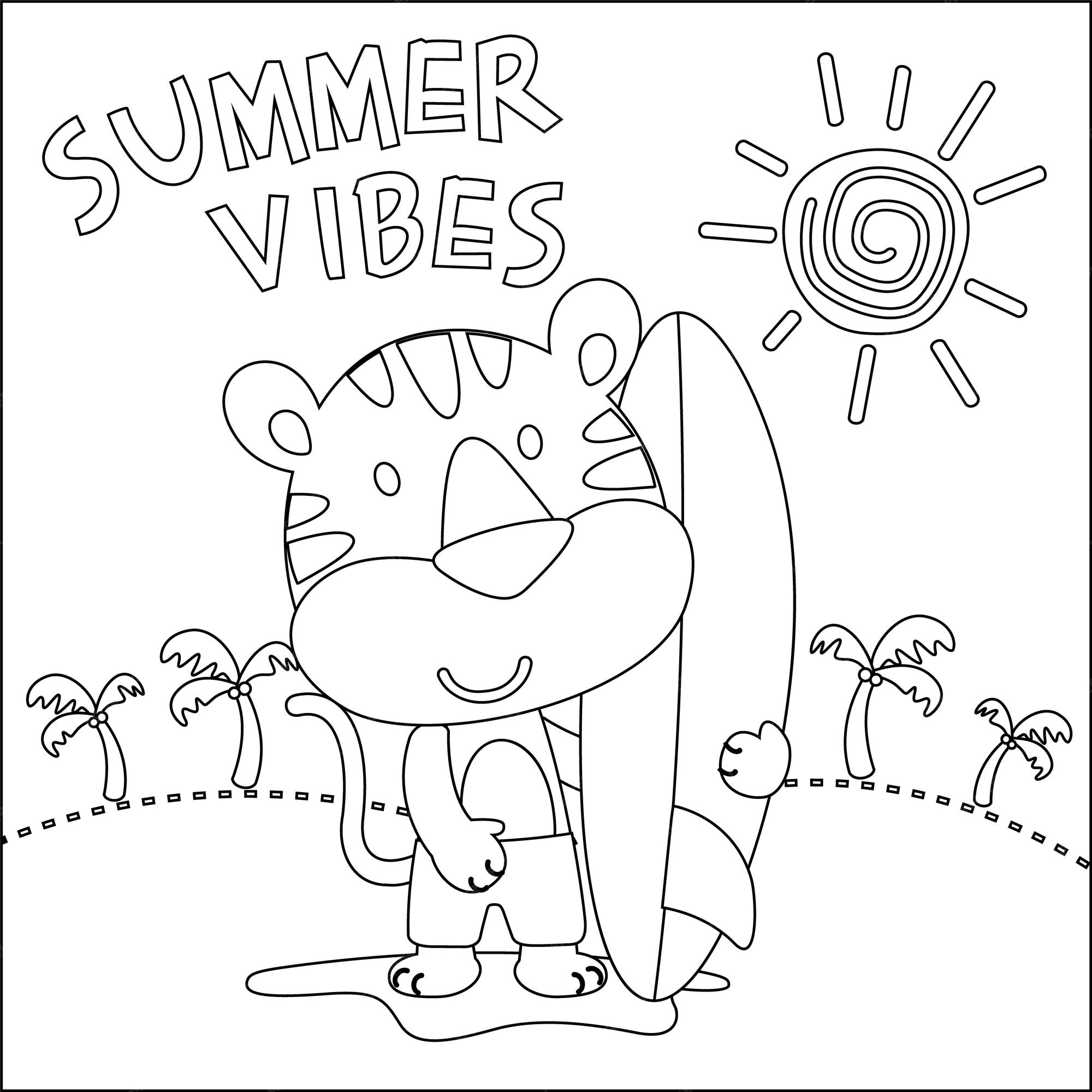 Premium vector vector illustration of cute little animal with a surfboard colouring book or page