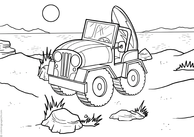 A car on the the beach with a surf board at the back coloring pages