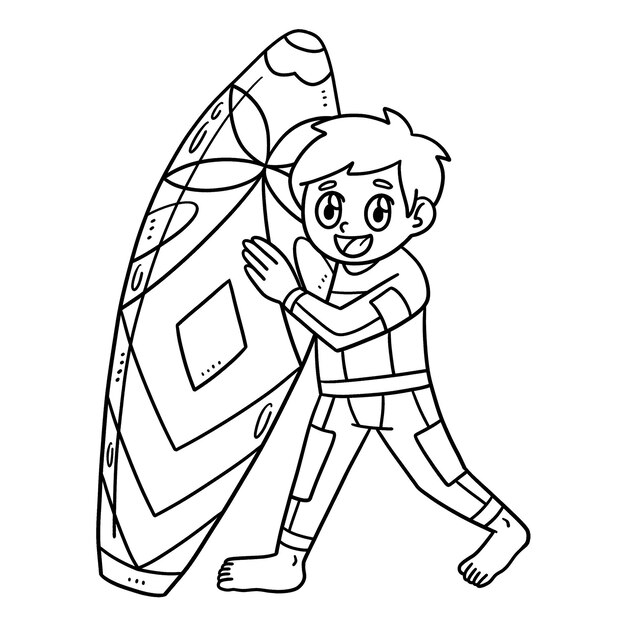 Premium vector boy holding surf board isolated coloring page