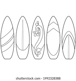 Surfboards collection black white coloring page stock illustration