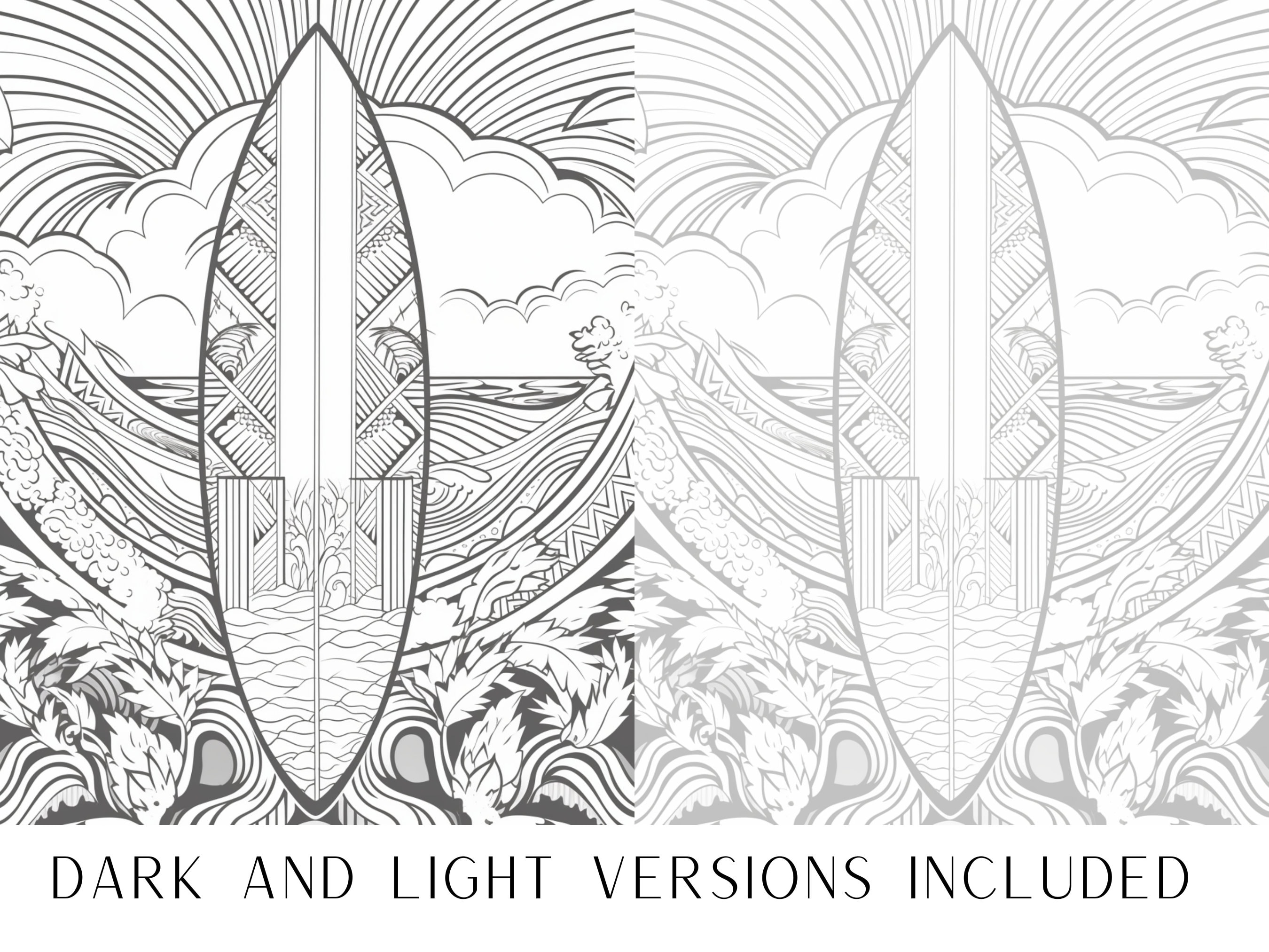 Patterned surfboard coloring pages adults and kids coloring book digital coloring sheets instant download printable pdf file download now