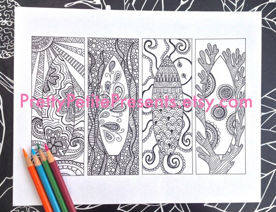 Surfboard doodle bookmarks coloring page diy instant pdf digital download printable coloring adultschildren