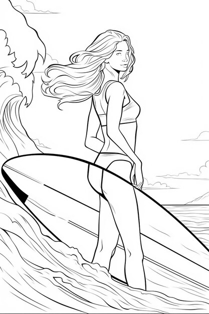 Premium ai image coloring pages of a woman with a surfboard on the beach generative ai