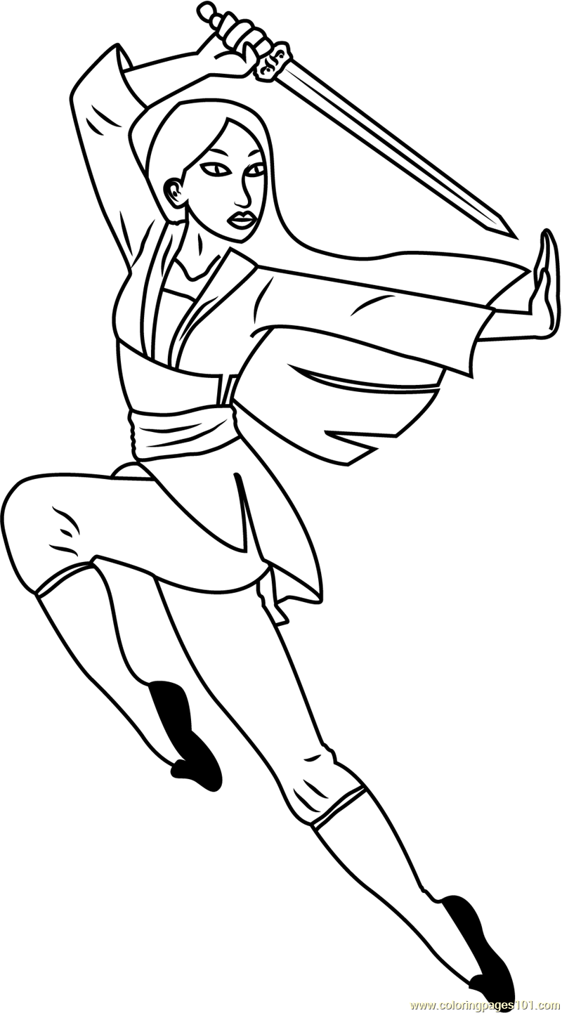 Mulan with sword coloring page for kids