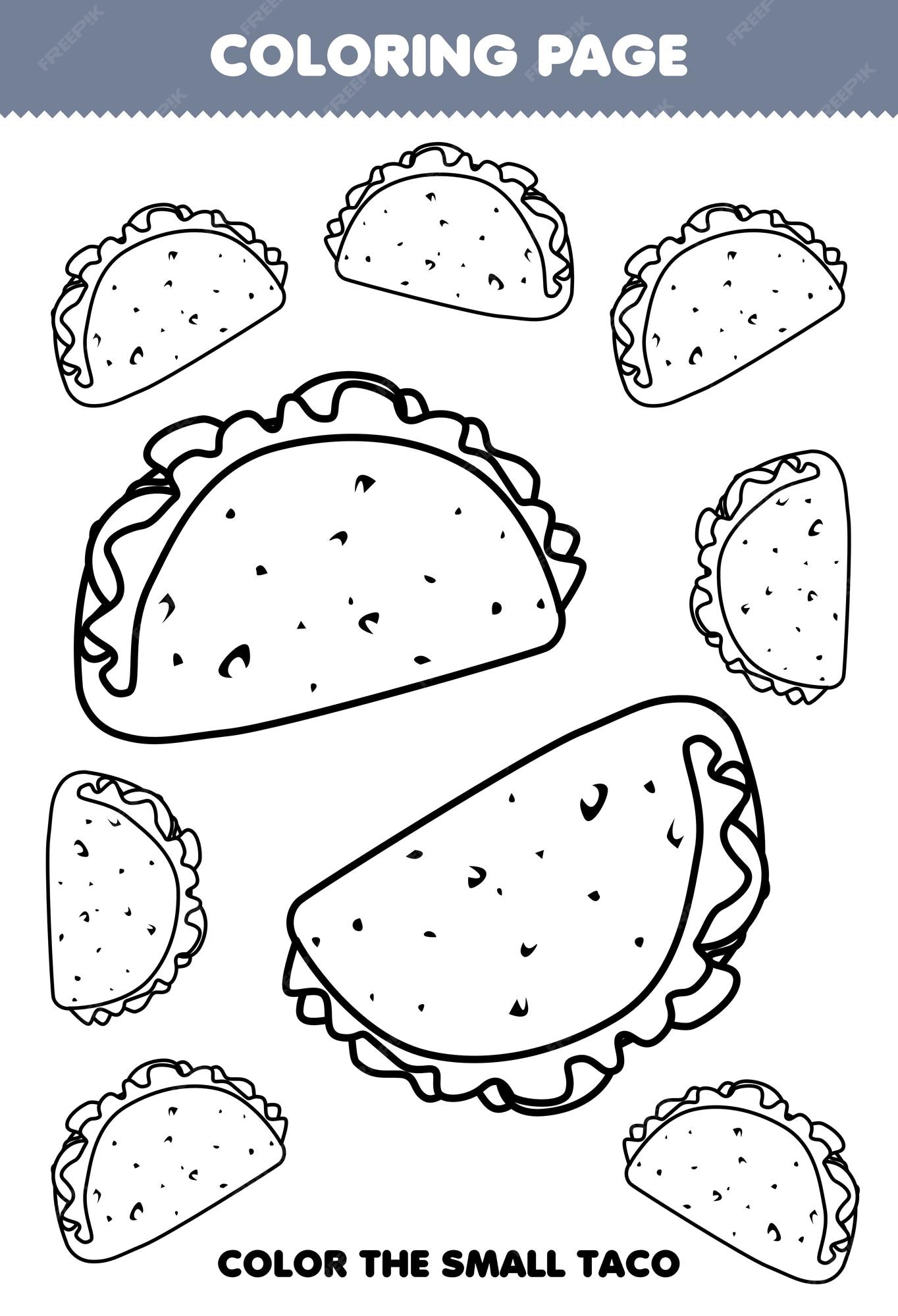 Premium vector education game for children coloring page big or small picture of taco printable worksheet