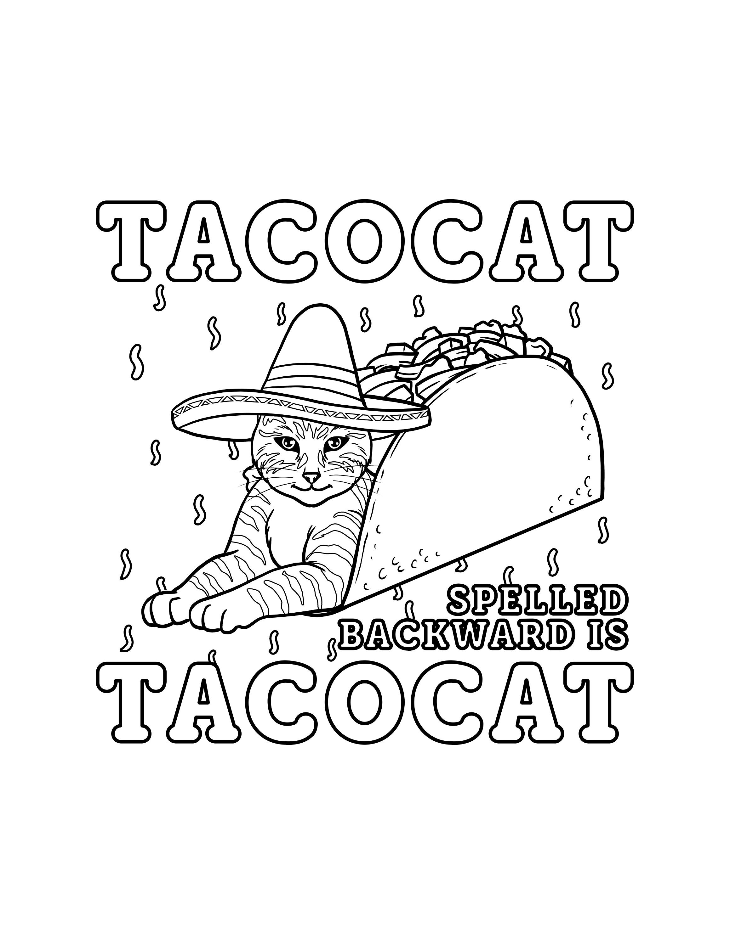 Taco cat spelled backward is taco cat coloring page digital download funny taco printable pdf instant download