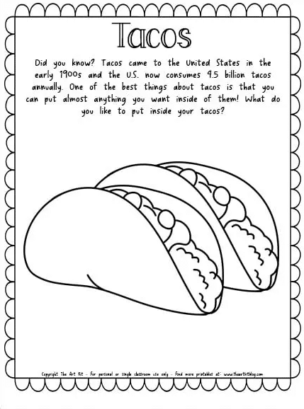 Taco fun fact coloring page free homeschool deals