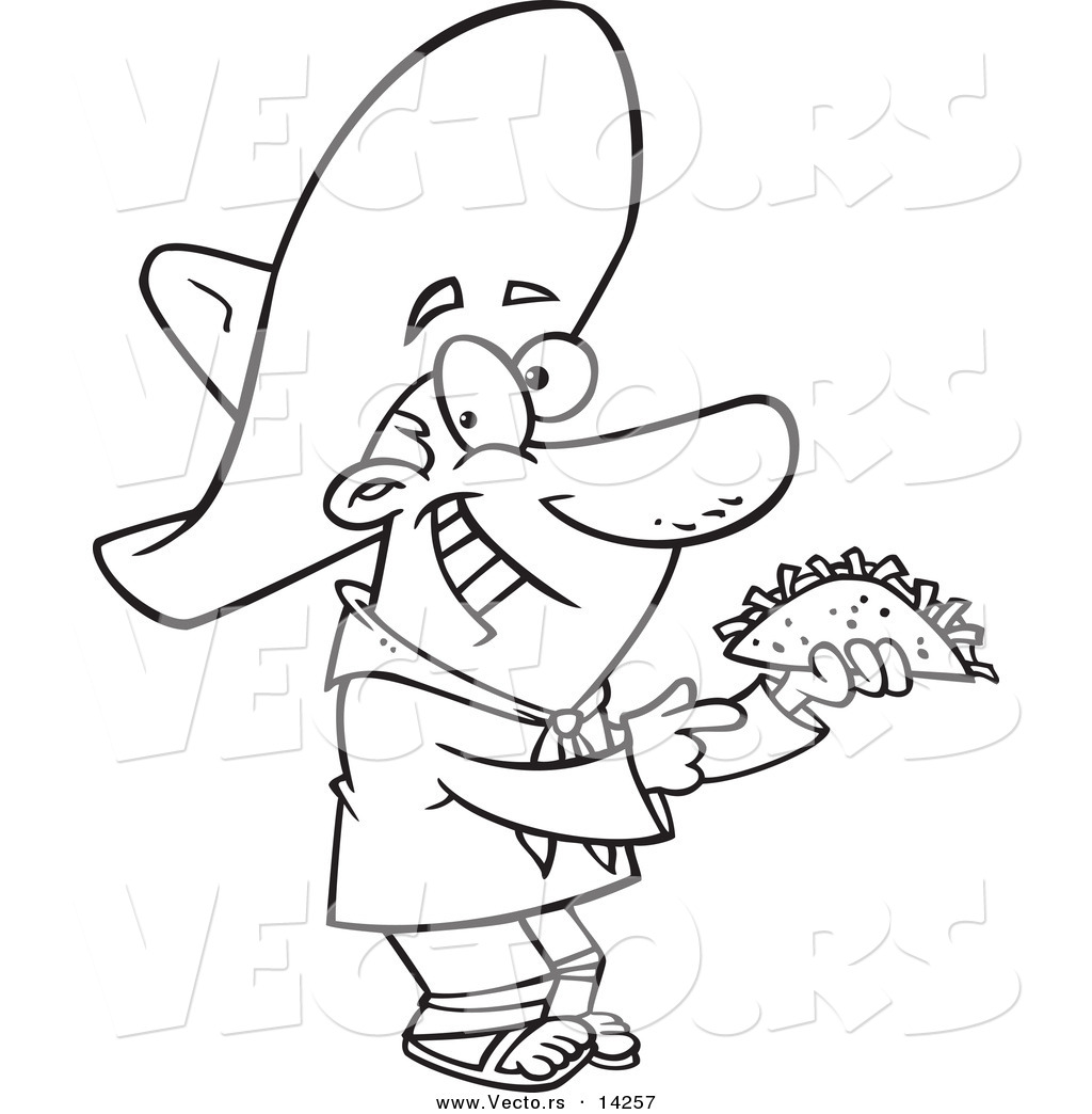 R of a cartoon happy hispanic man holding a taco