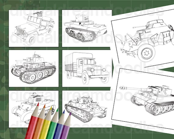 Tank coloring book printable pdf army jeep coloring book military truck coloring pages armored battle tank instant digital download