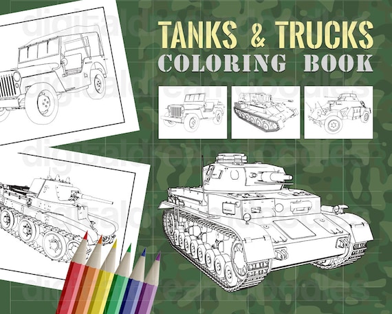 Tank coloring book printable pdf army jeep coloring book military truck coloring pages armored battle tank instant digital download