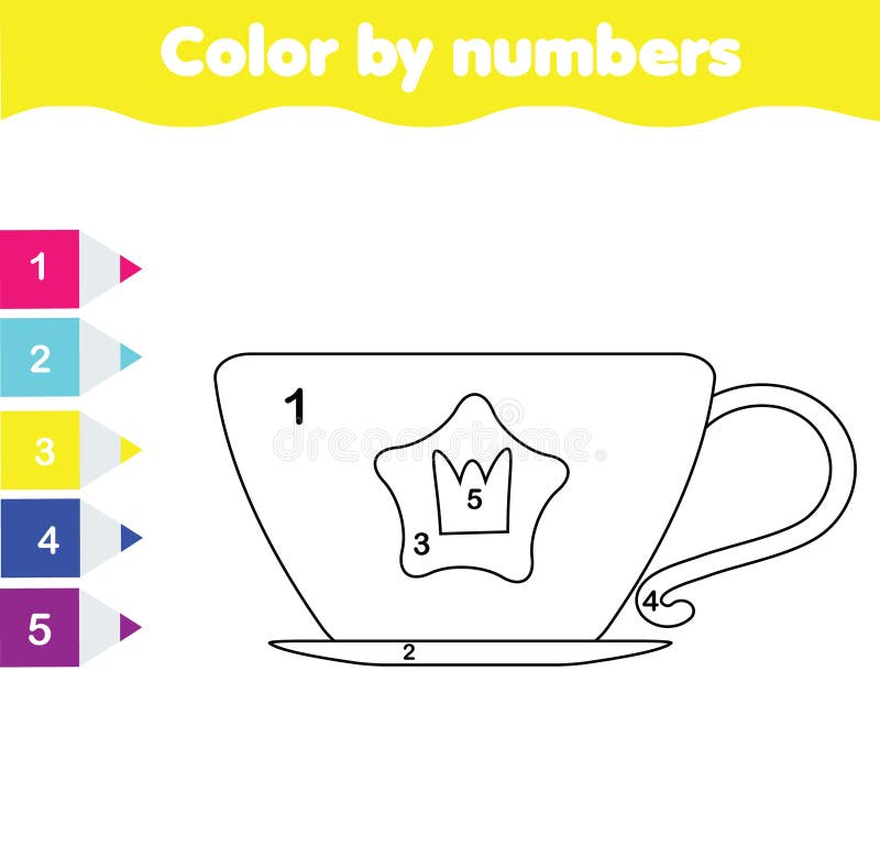 Princess cup of tea coloring page for kids educational children game for elementary level and pre school age color by numbers stock vector