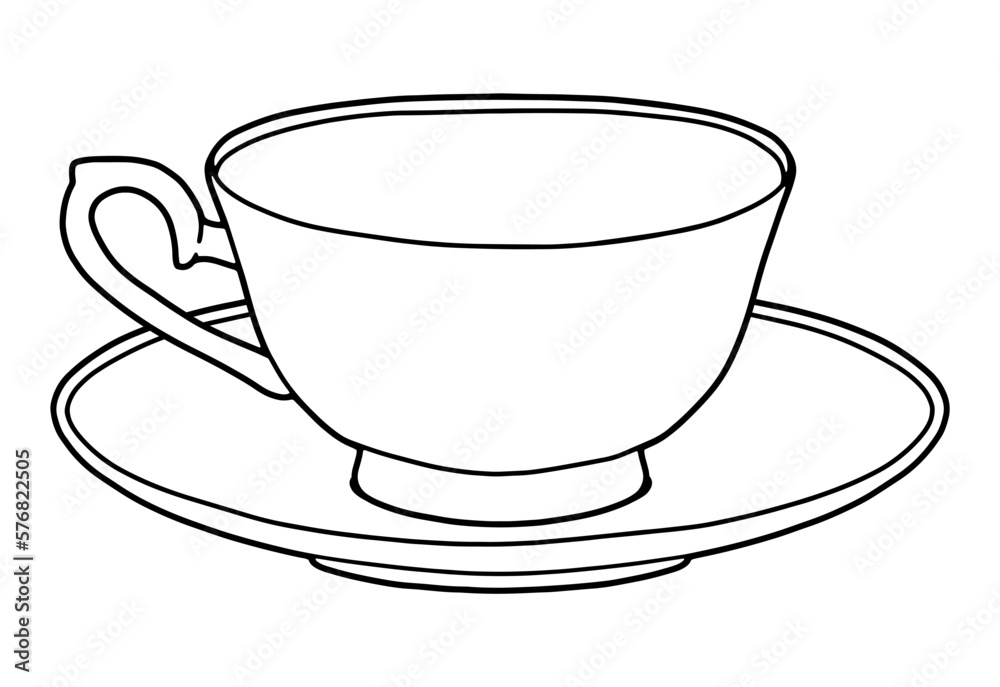 Coloring page tea couple cup and saucer black line hand drawing picture vector