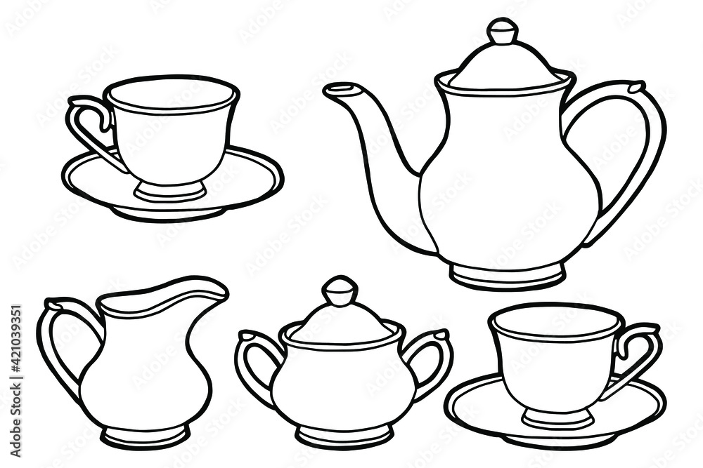 Hand drawing tea set teapot milk jug sugar bowl and cups and saucers black outline coloring page vector