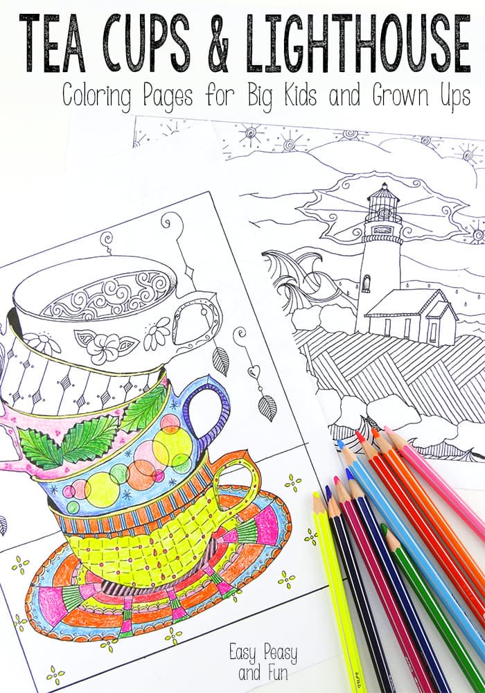 Tea cups and lighthouse coloring pages