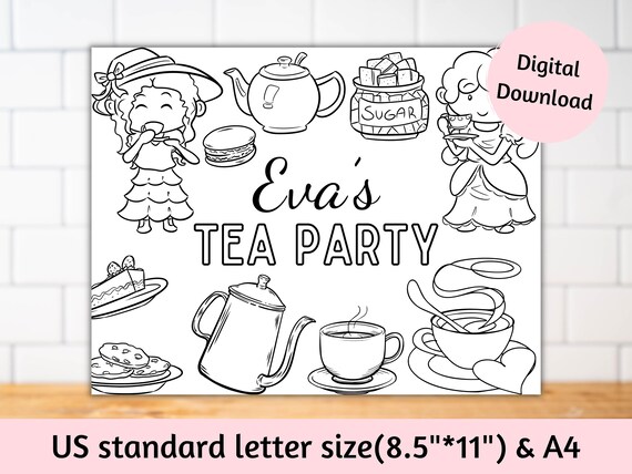 Personalized tea party coloring page for kids tea party favors tea party activity sheet printable games tea party placemats for kids