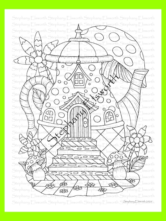 Wonderland teapot fairy house printable coloring page