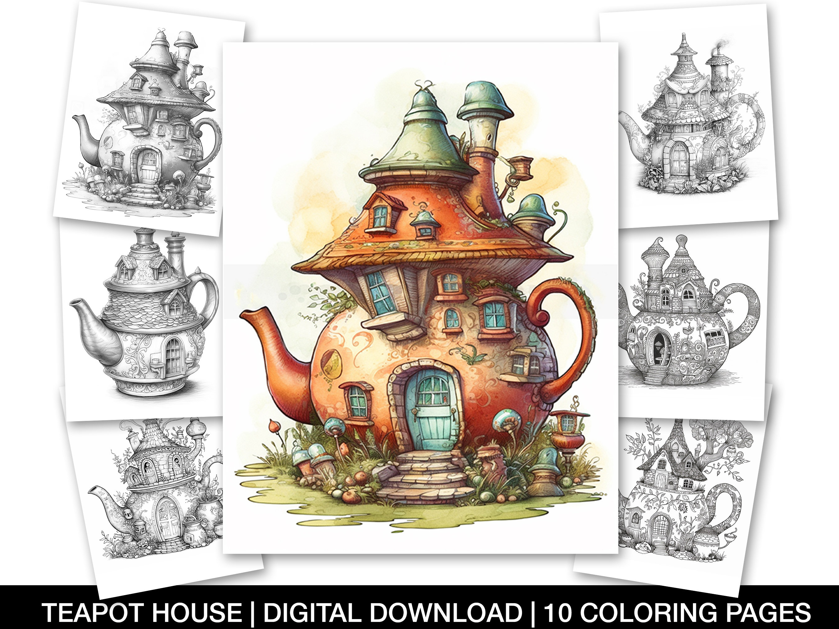 Enchanted fairy teapot house coloring pages for adults printable teapot house sheet grayscale coloring page fariy homes instant download