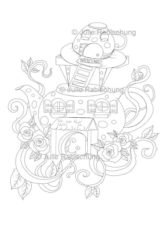 Fantasy house printable coloring pagedigital stamp for cardmakingteapot housealice in wonderlandwhimsaical fantasy houses