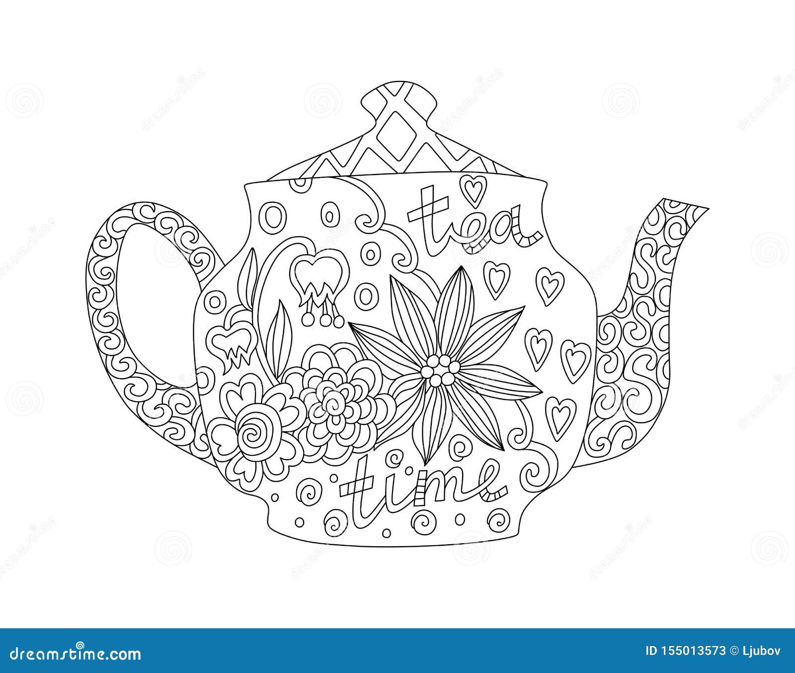 Coloring book with beautiful teapot with floral ornament black and white illustration stock vector