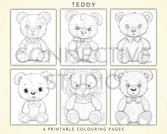 Teddy bear coloring pages six pack of premium art printable adult colouring page book instant download grayscale illustration pdf