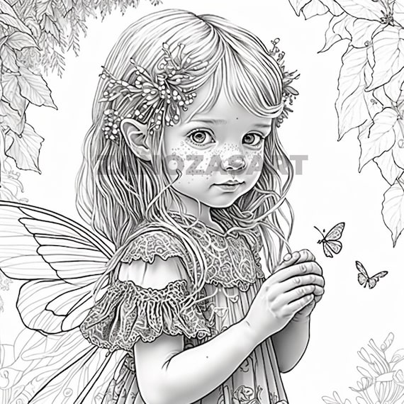 Grayscale little fairy girl coloring page printable coloring book page grayscale coloring pages for kids and adults ai generated image