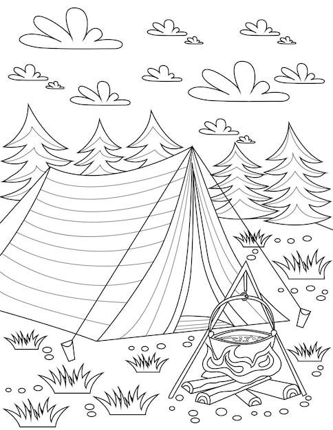 Premium vector coloring book page with tent placed in nature with opened fire and trees and clouds in backgroind sheet to be colored with tipi with boiling food outside