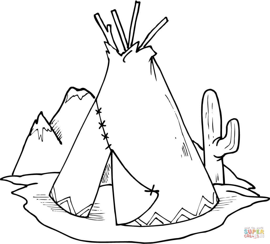 Tipi teepee and cactus coloring page free printable coloring pages