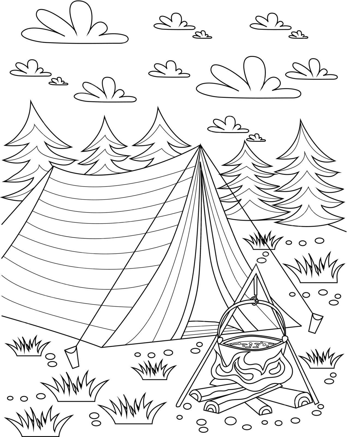 Tent fire trees clouds and tipi with boiling food coloring page vector cloud drawing tree drawing fire drawing png and vector with transparent background for free download