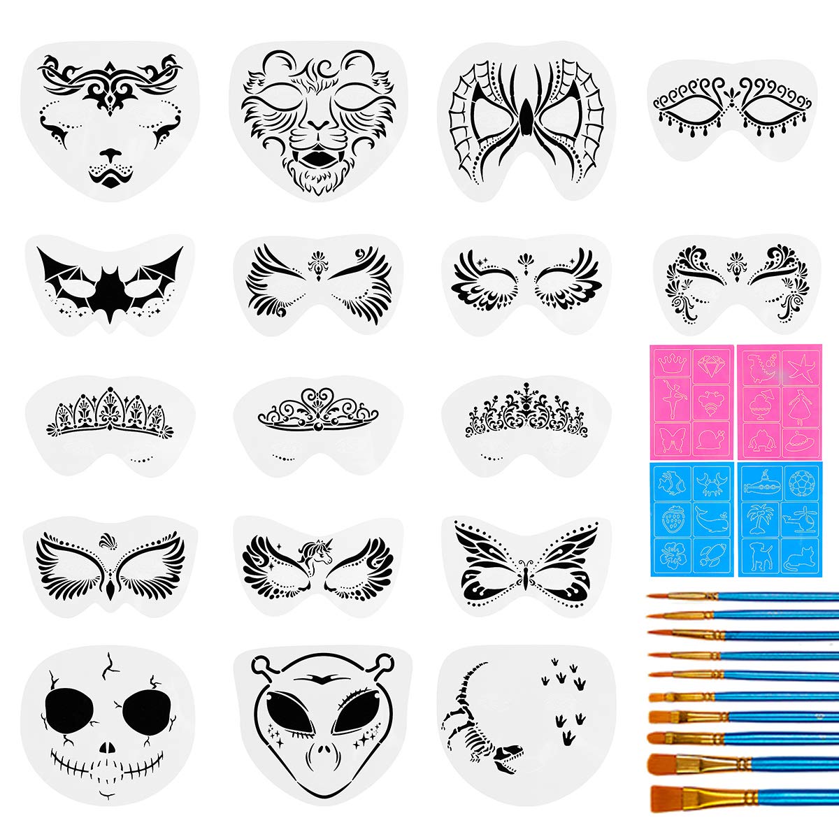 Pieces face stencils kit reusable large face paint stencils small stick paint stencils and pieces painting brushes for kids face painting tattoo stencils holiday halloween makeup