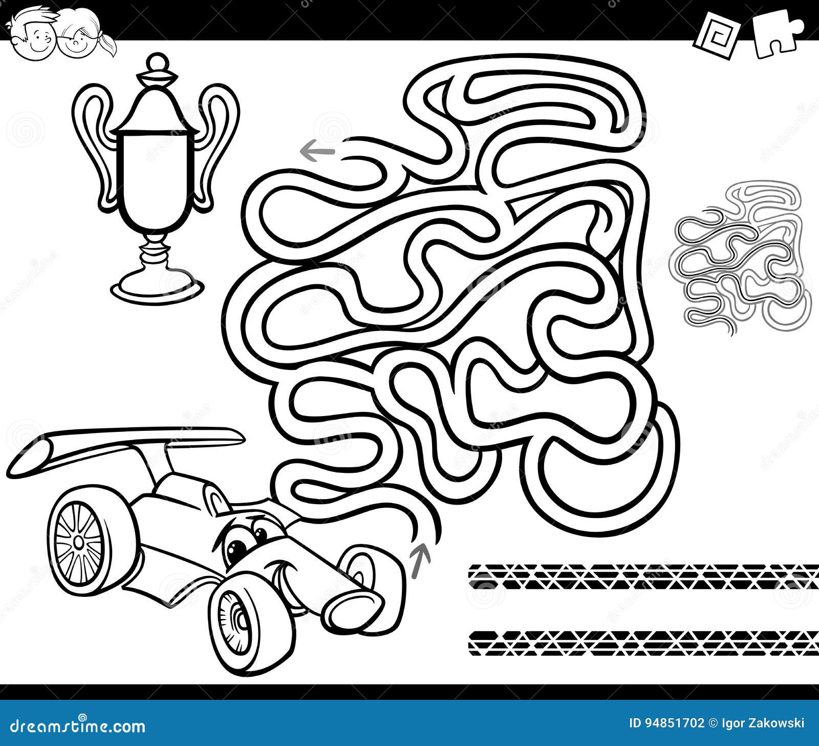 Maze with race car coloring page stock vector