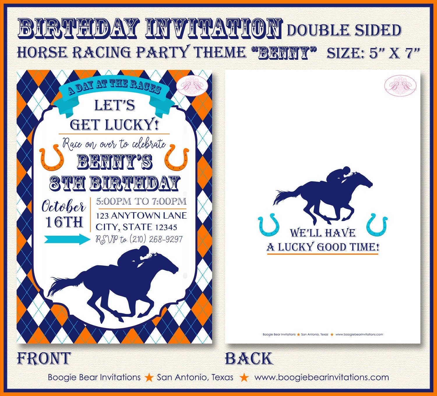 Horse racing birthday party invitation orange blue kentucky derby race â boogie bear invitations
