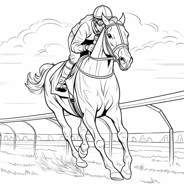 Premium ai image a coloring page of a horse and jockey racing on a track generative ai