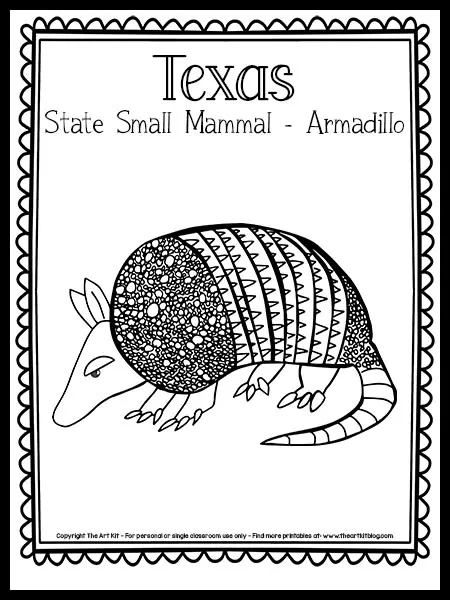 Free printable texas state mammal coloring page armadillo â the art kit