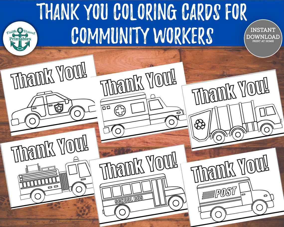 Printable thank you card for munity workers thank you coloring card mail carrier garbage collector firemen police officer school bus