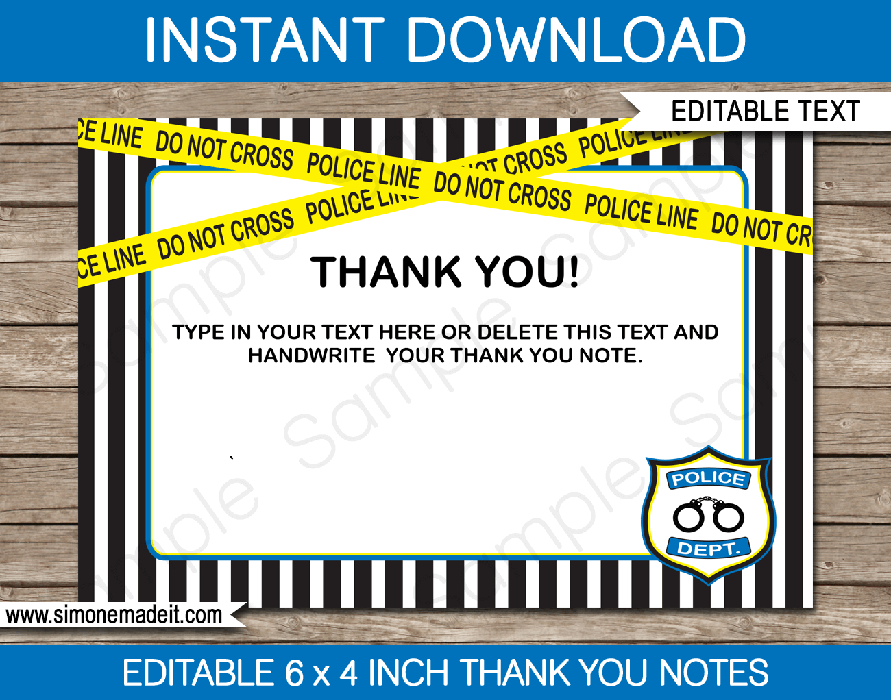 Printable police birthday party thank you note cards police theme party