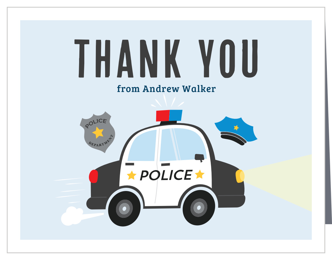 Little police car childrens birthday thank you cards by basic invite