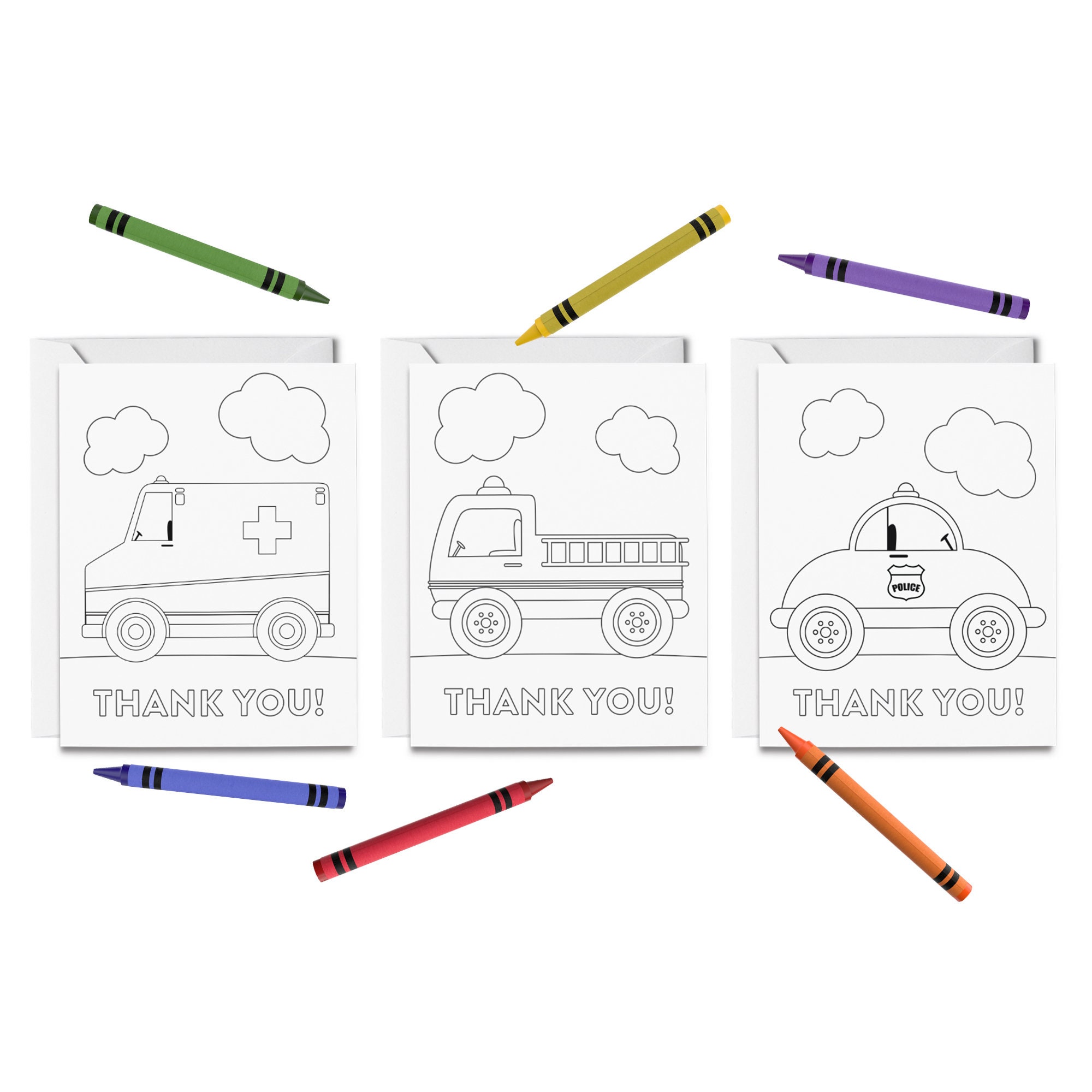 Printable thank you first responder coloring cards thank you note cards for kids ambulance fire truck police car diy print color