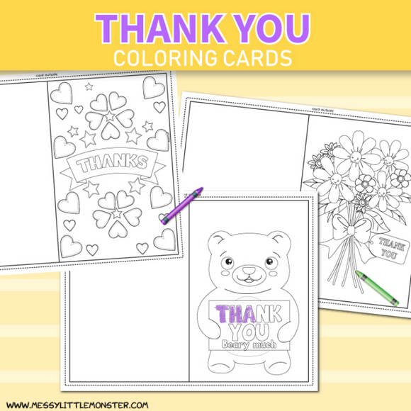 Kids thank you coloring cards â messy little monster shop