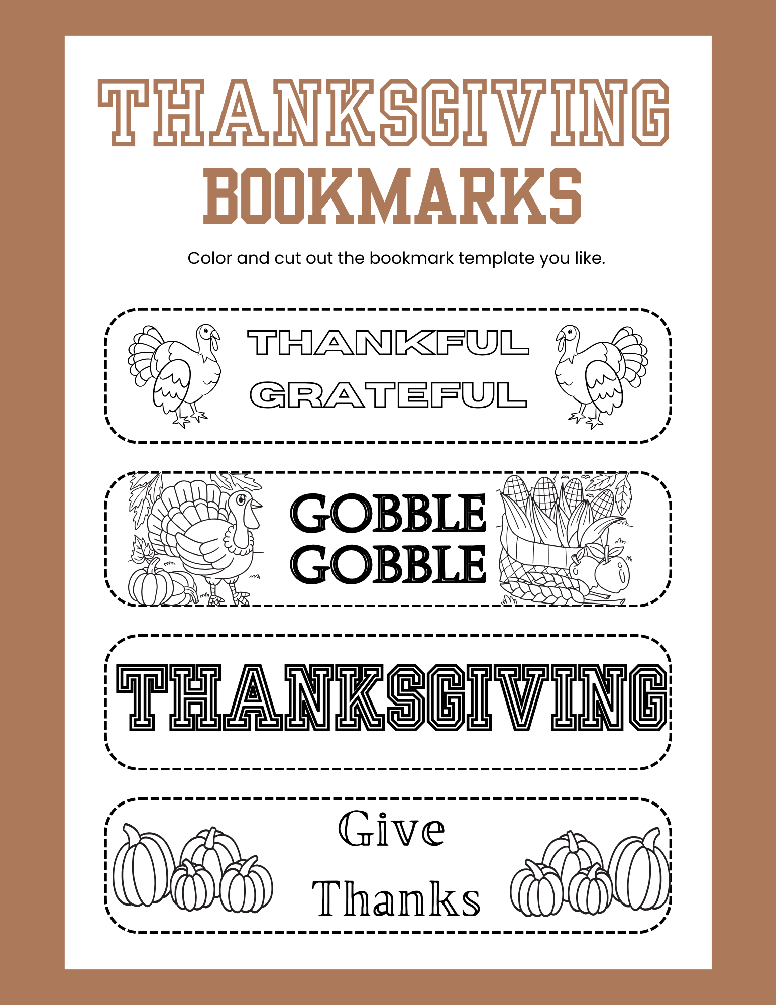 Free printable thanksgiving bookmarks to color â