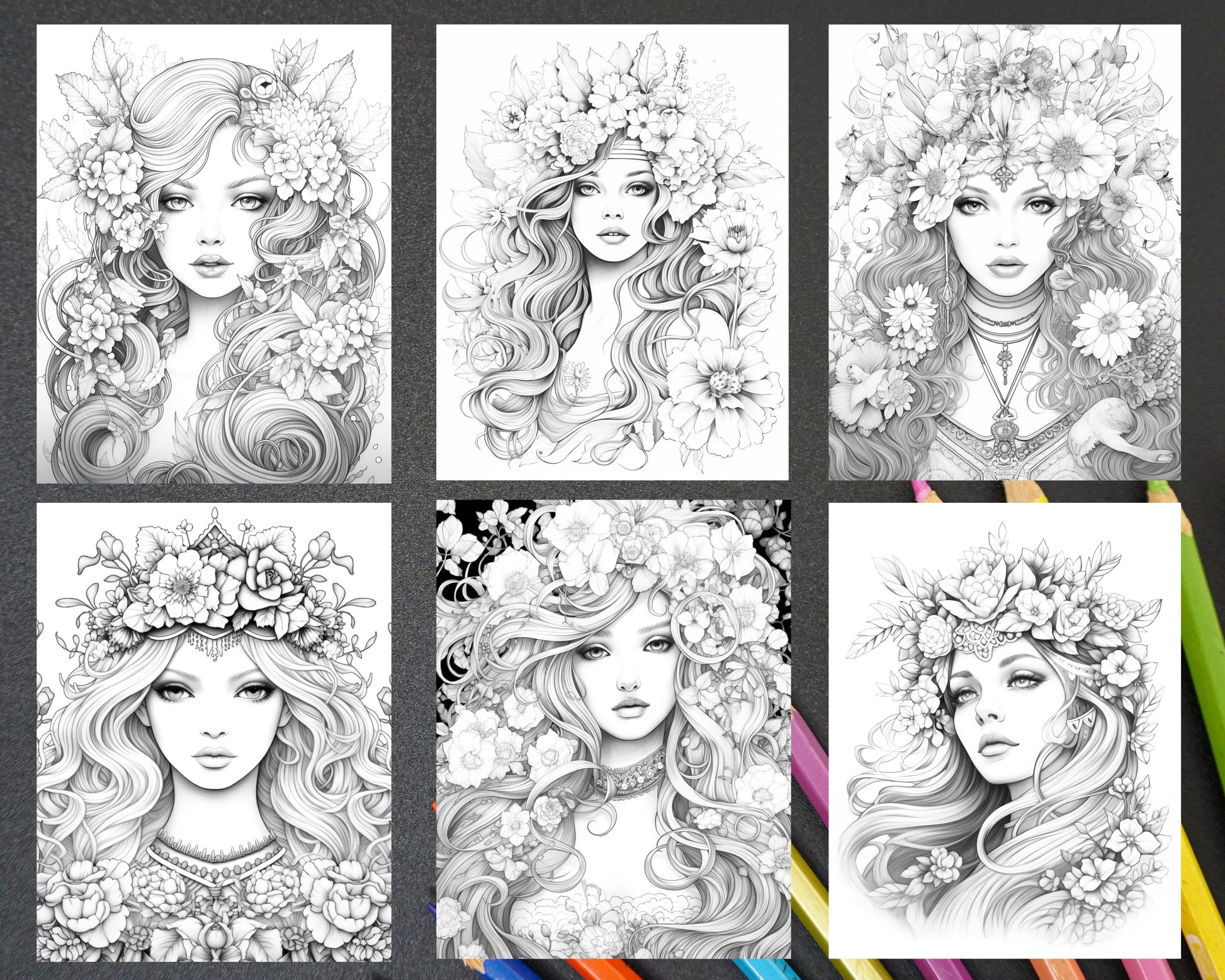 Flower goddess coloring pages printable for adults grayscale color â coloring