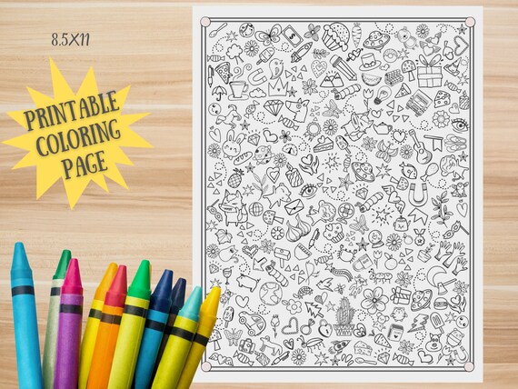 Printable coloring page art therapy digital download kids and adults animals hearts stars doodles